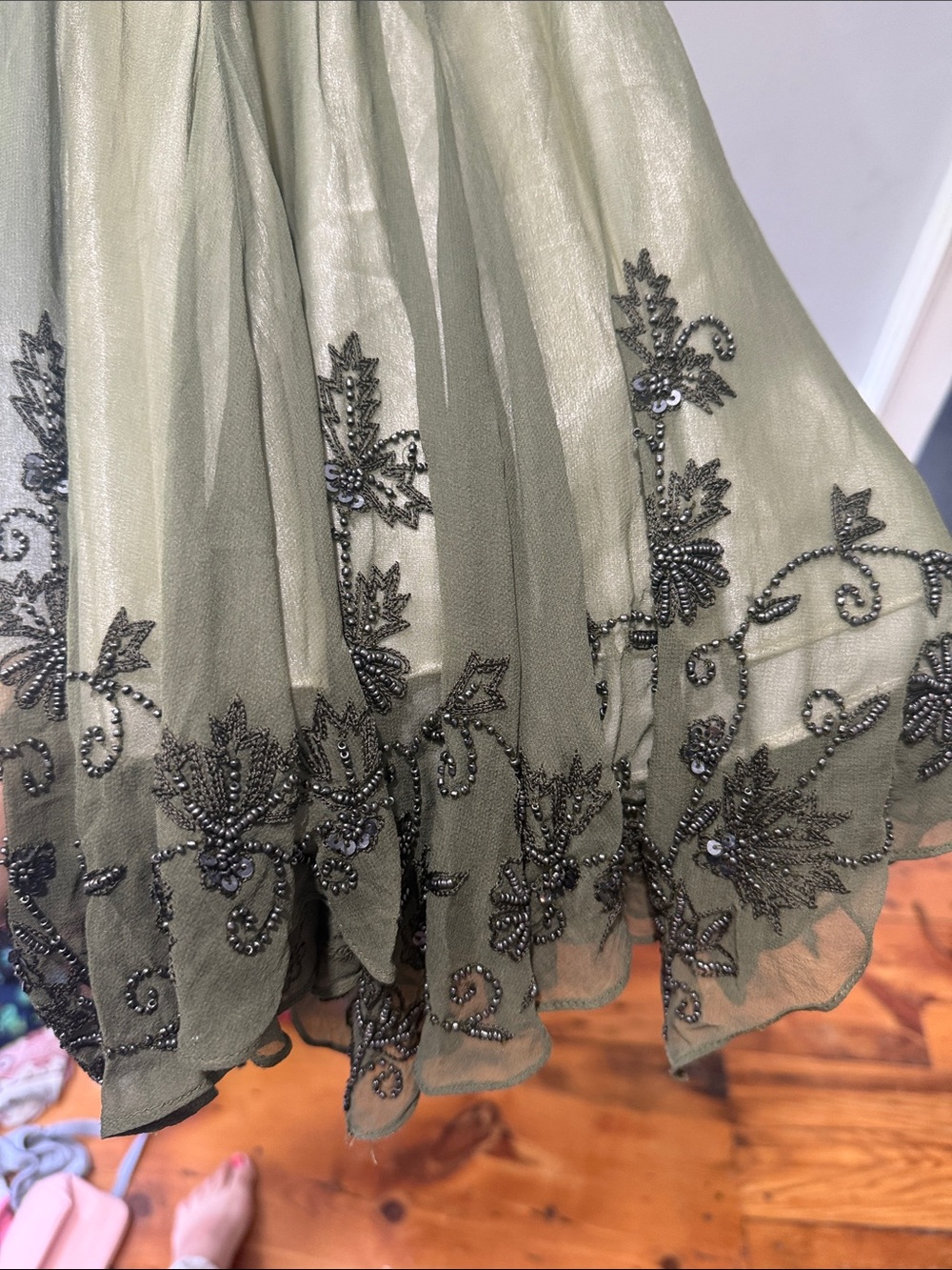 Papell Boutique Vintage Olive Green Embroidered V-Neck Midi Dress Size 8 Petite - Picture 8 of 14